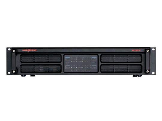 Front view of the black LED Glasfaser Verteiler 16-fach - NovaStar CVT4K-S (Neuware), showing ventilation grilles on both sides and a central control panel with buttons and indicator lights. Suitable for professional LED fiber optic signal distribution.