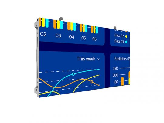 Digital display screen showing colorful charts, graphs, and data points on a blue background, with labeled sections for daily statistics; the analytics dashboard is viewed from an angle.
