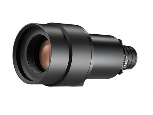Black DSLR camera lens with a wide front glass element, cylindrical body, textured focus and zoom adjustment rings, and gold electronic contacts near the rear mount for digital connectivity.