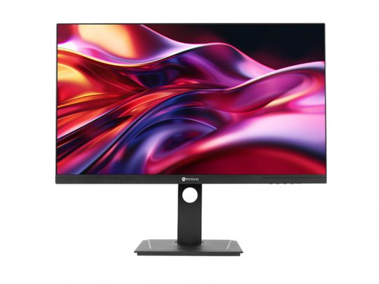 Lenovo computer monitor with thin bezel displaying a vibrant abstract wavy pattern in red, purple, and yellow on a white background. Modern design, ideal for home or office use.