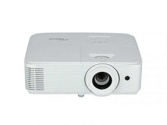 Front view of a white Optoma multimedia projector with the lens positioned on the right and ventilation grilles on the left, suitable for home theater or office presentations.