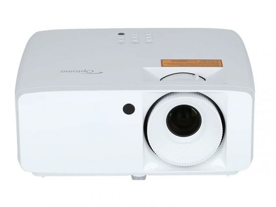 White Optoma projector, front view, showing a large lens on the right side, top control buttons, and the Optoma brand name clearly visible.