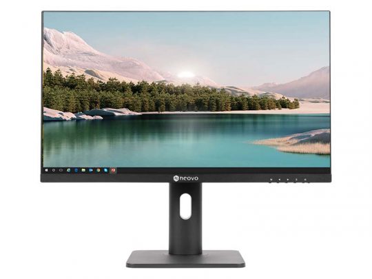 AG Neovo widescreen computer monitor with a slim black bezel, displaying a vibrant landscape of mountains, trees, and a lake. The AG Neovo logo appears on the lower bezel, with control buttons located on the right side. Ideal for office work and home entertainment setups.