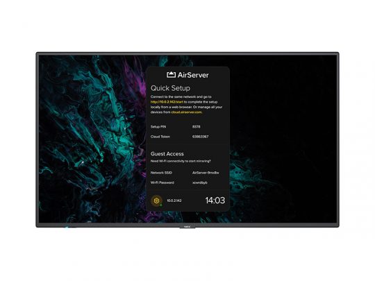 AirServer setup screen displayed on a flat-screen monitor, showing setup instructions, a PIN code, cloud token, guest access details, network SSID, IP address information, and the time 14:03 against a dark abstract background.