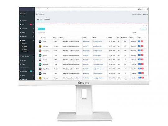 Computer monitor displaying a patient management system interface with a list of patient names, IDs, medical details, and buttons to view, edit, or delete records; the medical software dashboard also features tabs, filters, and a sidebar menu for navigation.