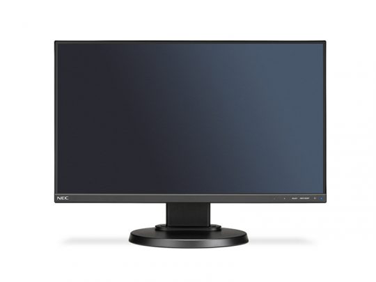 NEC flat black widescreen computer monitor with a thin bezel, sturdy round base, and blank dark screen; NEC logo visible on the lower left corner.