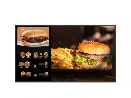 Digital menu display featuring various burger options on the left and a close-up of a classic beef burger with lettuce, served with golden fries on a wooden tray, on the right. Ideal for restaurants showcasing their burger menu.