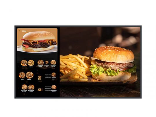 Digital menu board showing a bacon cheeseburger on the left with menu options, and on the right, a cheeseburger with lettuce and crispy fries served on a rustic wooden board. Perfect for fast food restaurants looking to attract customers searching for gourmet burgers and sides.