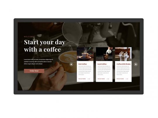 A website promotion for a coffee shop featuring the message “Start your day with a coffee,” images of various coffee drinks, brief drink descriptions, and an Order Now button displayed over a background photo of a creamy cappuccino being prepared.