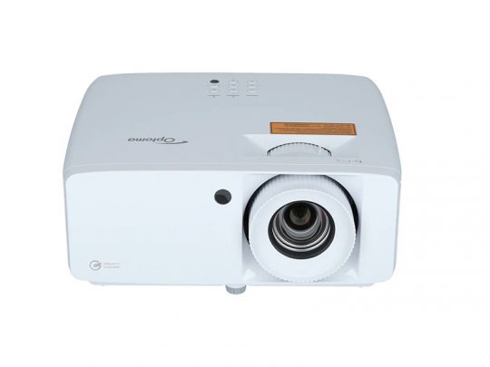 Optoma white projector with right-side lens, top control buttons, and Optoma logo on the left, displayed against a plain white background.