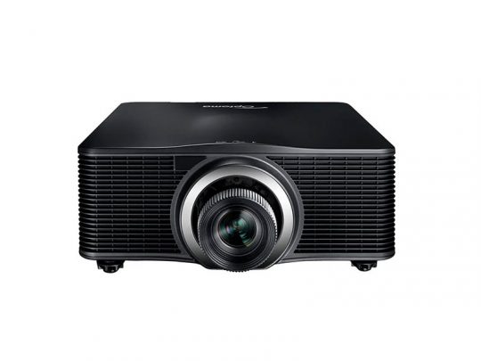 Black Optoma projector shown front-facing on a white background, featuring a central lens and horizontal ventilation grilles on both sides.
