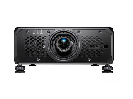 Front view of a black multimedia projector featuring a central lens, ventilation grilles on each side, control buttons on the top left, and four adjustable feet at the corners. Ideal for home theater or office presentations.