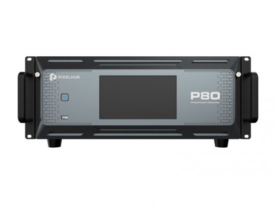 Front view of Pixelhue P80 Seamless Switcher showing large central display, side handles, labeled buttons, and left-side branding.
