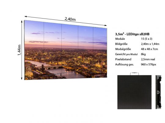 LEDitgo sB2HB LED Wand 2,40 m x 1,44 m mit 2,5 mm Pixelabstand im Vermietungsangebot; auf dem Produktbild zeigt die große LED-Videowand eine Sonnenuntergang-Stadtansicht. Rechts daneben ist ein einzelnes LED-Modul zur Detailansicht abgebildet. Ideal für Events und Präsentationen - hochwertige Auflösung und flexible Einsatzmöglichkeiten.