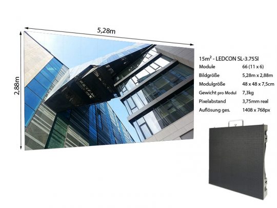 Produktbild der LED-Wand "LEDCON SL-3.75SI" (5,28m x 2,88m, 3,75mm Pixel Pitch) zur Miete: Links ist ein großes LED-Display mit Foto eines modernen Glasgebäudes zu sehen; rechts daneben ein einzelnes LED-Modul und in deutscher Sprache technische Details zur LED-Wand.