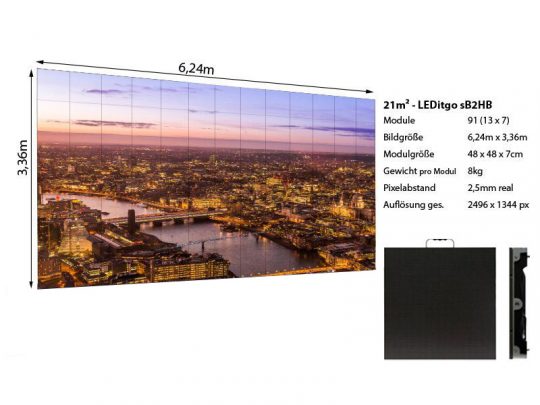 LEDitgo sB2HB LED Wand mit 6,24 x 3,36 Metern und 2,5mm Pixel Pitch beim Mieten - zeigt am Abend eine scharfe Stadtansicht; leistungsstarke Videowall mit 91 Modulen und Full-HD-ähnlicher Auflösung (2496 x 1344 Pixel) für beeindruckende Bildqualität auf Veranstaltungen.
