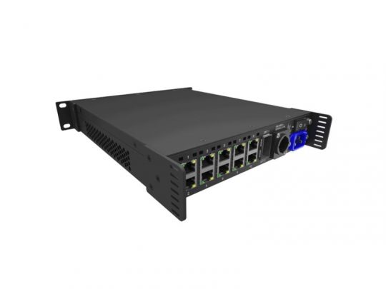 Produktbild des LED LWL-Konverter 10fach - Novastar CVT10-S auf weißem Hintergrund; kompakter, schwarzer Rackmount-Konverter zum Mieten oder Kaufen, mit mehreren Ethernet-Ports, Stromanschluss und für professionelle Lichtinstallationen geeignet.