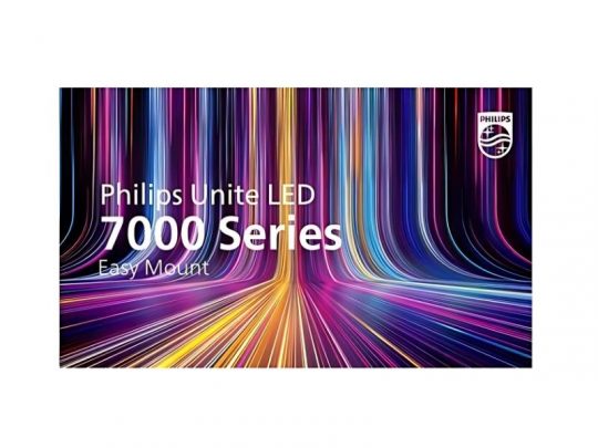 Produktbild des "Philips Unite LED 7000 All-in-One" 110 Zoll Signage Solution Displays. Bunte LED-Lichtspuren verlaufen auf schwarzem Hintergrund und führen zur Produktbezeichnung "110 Zoll Signage Solution Display - Philips Unite LED 7000 All-in-One (Neuware) kaufen". Das Philips-Logo befindet sich oben rechts. Ideal für digitale Werbung und professionelle Präsentationen.