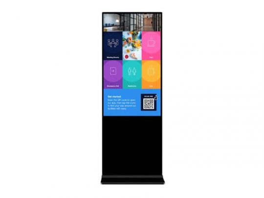 Schwarzer digitaler Kiosk "Digital Signage Terminal" zum Mieten oder Kaufen, mit großem bunten Touchscreen-Display, verschiedenen App-Symbolen, Bildern, Text und QR-Code unten rechts.