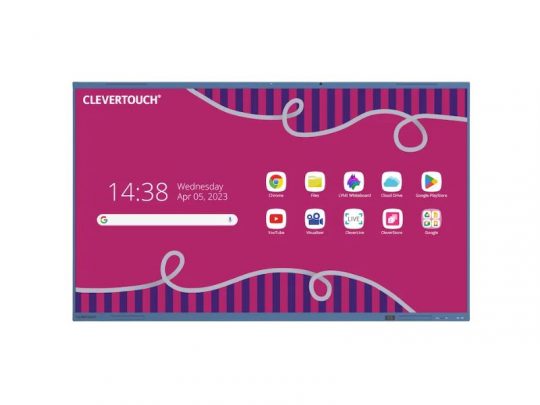 Interaktives Display CLEVERTOUCH mit pinkem Hintergrund und gewellten Linien, zeigt die Uhrzeit 14:38 und das Datum 5. April 2023 an. Auf dem Touchscreen sind App-Symbole wie Chrome, Dateien, YouTube und Google Drive sichtbar. Das moderne Smartboard eignet sich für Unterricht oder Präsentationen.