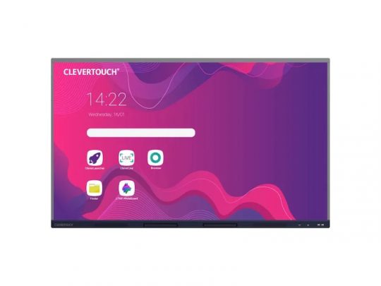 Clevertouch interaktives Display: Großes Touchscreen-Gerät mit lebendiger lila-pinker abstrakter Hintergrundgrafik, Anzeige von Uhrzeit, Datum und mehreren App-Symbolen - ideal zum Kaufen oder Mieten für moderne Arbeitsumgebungen.