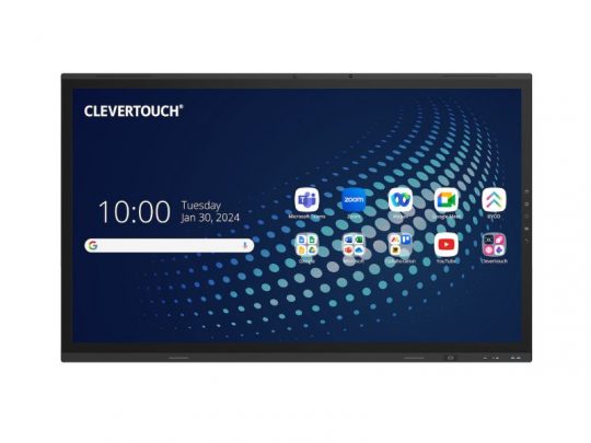 Clevertouch interaktives Display mit blau gepunktetem Hintergrund zeigt Uhrzeit, Datum (Dienstag, 30. Januar 2024) und App-Symbole wie Microsoft Teams, Zoom, YouTube, Google Classroom und Chrome - modernes Touchscreen-Whiteboard für digitale Zusammenarbeit.