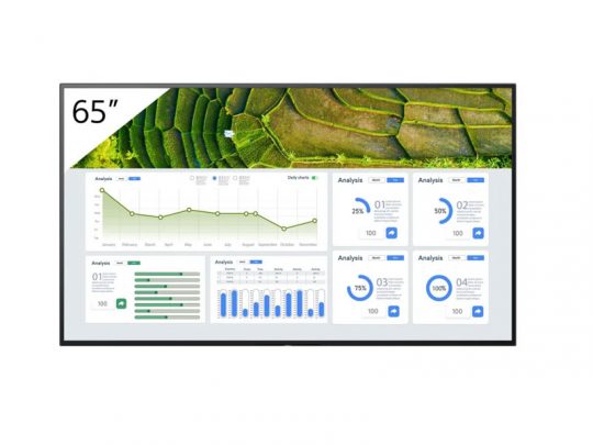 65-Zoll-Flachbildschirm für Kauf oder Miete, auf dem Diagramme, Grafiken und Analysedaten unter einem Luftbild von grünen Terrassenfeldern angezeigt werden. Ideal als Präsentationsmonitor für Geschäft oder Event.