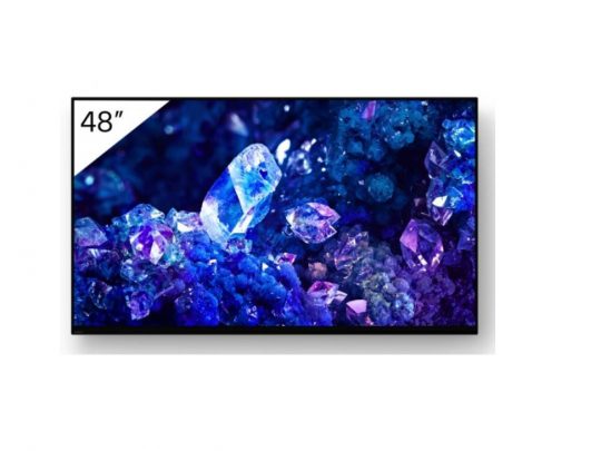 48-Zoll-Flachbildfernseher mit gestochen scharfem Display, zeigt ein farbenfrohes Bild aus blauen und violetten Kristallen vor weißem Hintergrund - ideal zum Mieten oder Kaufen für Ihr Zuhause.