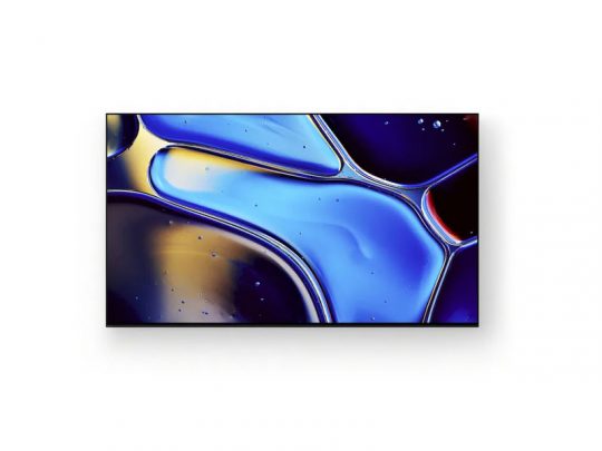 Moderner Flachbildfernseher mit hochauflösendem Display, auf dem ein abstraktes Bild aus blau-gelben und schwarzen, glänzenden Formen vor weißem Hintergrund zu sehen ist - ideal zum Kaufen oder Mieten.