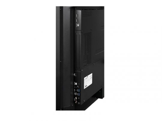 Rückansicht des Legamaster EXPLORE 2 EXP-6510 65 Zoll Touchdisplays (Neuware) mit Nahaufnahme der Anschlüsse: mehrere USB- und HDMI-Ports sowie weitere Slots sind deutlich sichtbar vor weißem Hintergrund - ideal für vielseitige Verbindungen, jetzt kaufen.