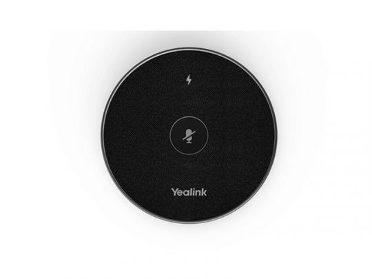 Rundes, schwarzes drahtloses Mikrofon Yealink VCM36-W (Neuware), von oben auf weißem Hintergrund fotografiert; in der Mitte sind ein Mute-Symbol und ein Blitz-Symbol zu sehen. Ideal zum Mieten oder Kaufen für Meetings und Telefonkonferenzen.
