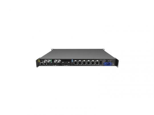Der All-In-One LED-Controller NovaStar MX20 (Neuware) ist ein schwarzes 1U-Rackmount-Gerät mit mehreren Ethernet-Anschlüssen, Netzstecker und Steuerungs-Schnittstellen auf der Frontseite, fotografiert vor weißem Hintergrund - jetzt mieten oder kaufen.