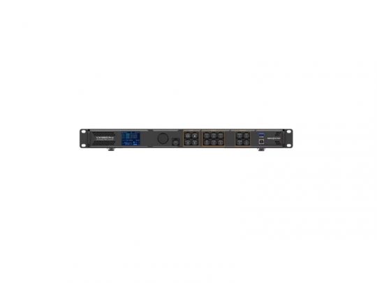 Frontansicht des All-In-One LED-Controllers NovaStar VX1000 Pro (Neuware) - schwarzes, rack-montierbares Gerät mit Tasten, Drehreglern, Displays sowie Ein- und Ausgängen. Produkt steht isoliert vor weißem Hintergrund. Jetzt kaufen oder mieten.
