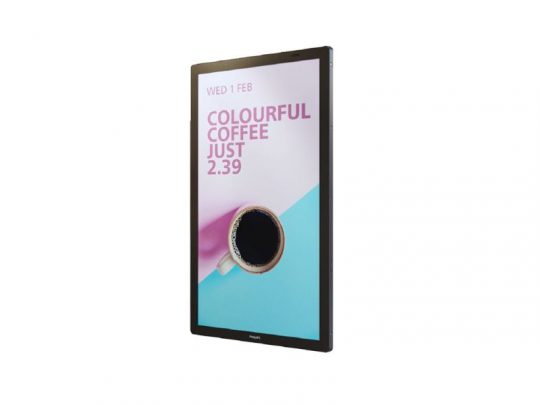Schwarzes Tablet mit Anzeige für "Colourful Coffee" am 1. Februar, abgebildet mit Kaffeetasse und Werbetext "Just 2.39" auf pastellfarbenem Hintergrund.
