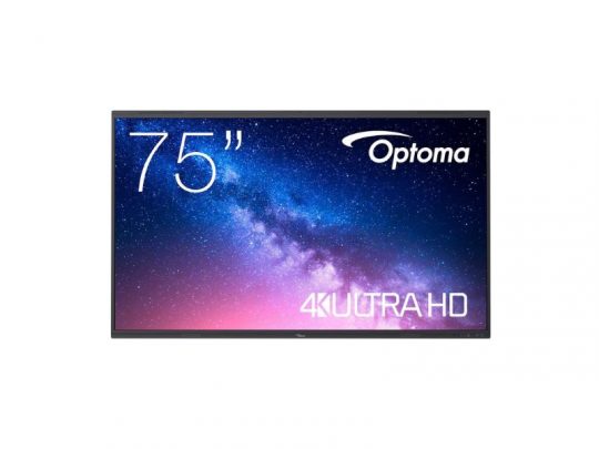 75-Zoll Optoma 4K Ultra HD Fernseher, auf dem ein farbenfrohes Galaxie-Bild angezeigt wird; der Markenname "Optoma" und die Bildschirmgröße stehen gut sichtbar auf dem Display.