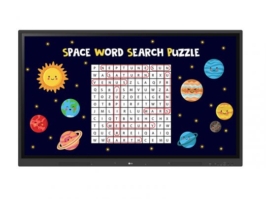Space Word Search Puzzle auf dunklem, sternenübersätem Hintergrund mit fröhlichen Illustrationen der Sonne und Planeten; auf dem Bildschirm ist das Suchsel sichtbar, gefundene Wörter sind rot markiert. Perfektes Weltraum-Rätselspiel für Kinder und Erwachsene.