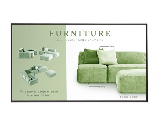 Grünes, modulares Ecksofa aus Stoff und Leinen mit Etiketten, Gesamtmaße 310 x 280 x 86 cm; auf dem Bild werden flexible Anordnungen und die große Sitzfläche (367 cm²) präsentiert. Der Werbetext "Your Comfortable Daily Life" hebt den Komfort für das Wohnzimmer hervor.