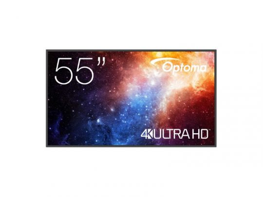 55-Zoll Optoma 4K Ultra HD Fernseher zeigt ein farbenfrohes Galaxie-Bild mit Blau-, Lila-, Rot- und Orangetönen; auf dem Bildschirm sind das Optoma-Logo und die Aufschrift "4K ULTRA HD" zu sehen.