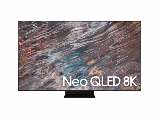 Samsung Neo QLED 8K Fernseher mit schmalem Rahmen und minimalistischem schwarzen Standfuß; auf dem Bildschirm sind abstrakte, farbenfrohe Wellenmuster zu sehen. In der rechten unteren Ecke steht der Schriftzug "Neo QLED 8K".
