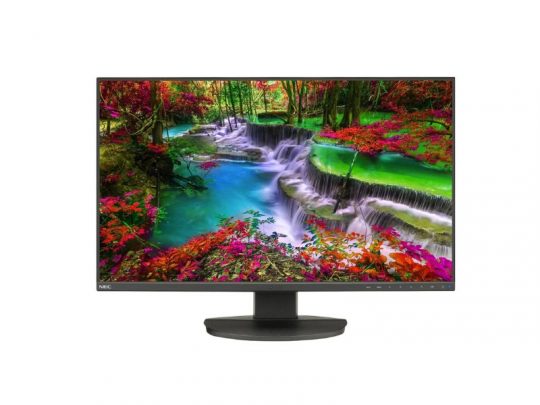 Schwarzer Computer-Monitor mit rundem Standfuß, darauf angezeigt ein farbenfrohes Landschaftsbild mit türkisfarbenen Wasserfällen, Felsen und Bäumen mit leuchtend rotem und grünem Laub. Perfekt für lebendige Bilddarstellung beim Arbeiten oder Gaming.